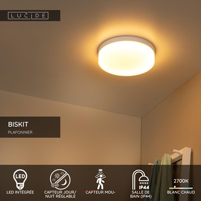Lucide BISKIT - Plafonnier Salle de bains - Ø 28 cm - LED - 1x18W 2700K - IP44 - Détecteur De Mouvement - Blanc
